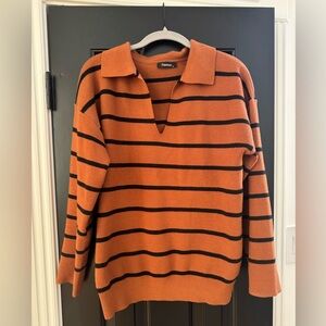 Women's Brown w/Black Stripes V-Neck Sweater Pullover EUC